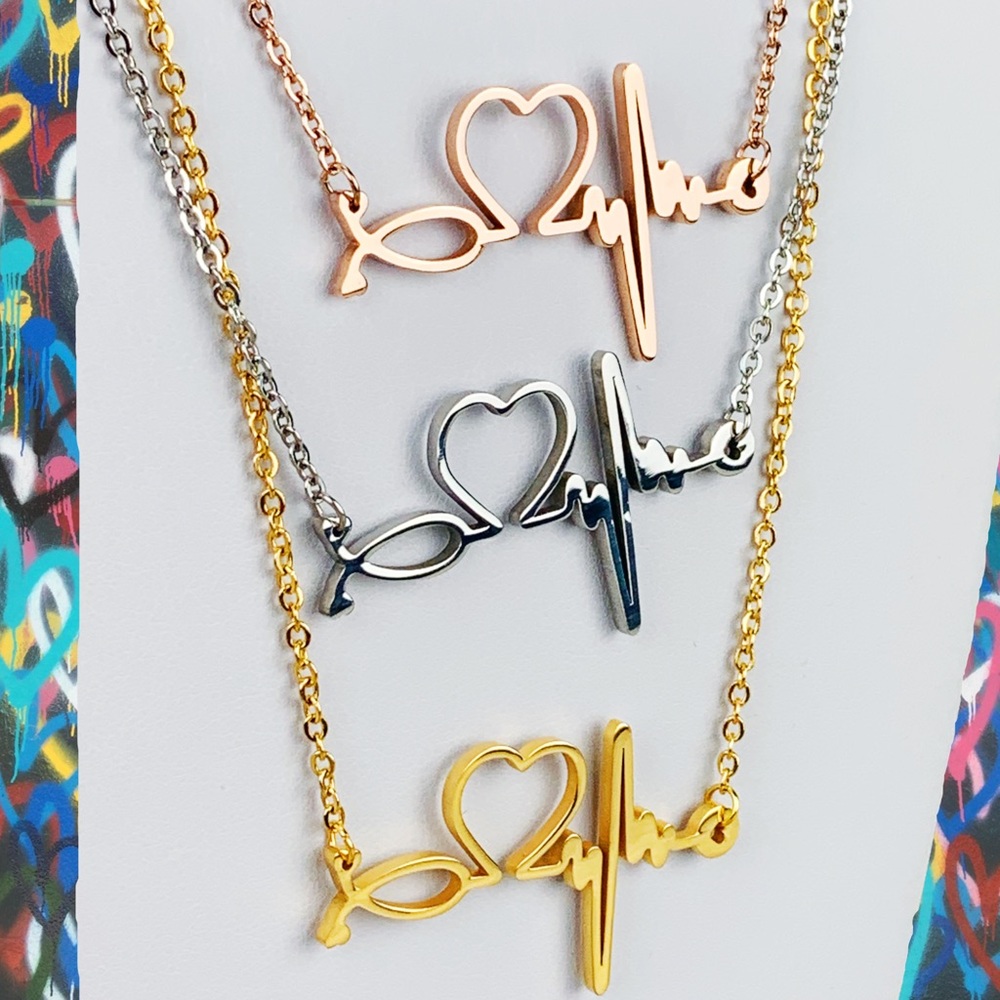 Heartbeat Stethoscope Heart EKG Stainless Nurse Bar Necklace Silver Rose Gold - Picture 11 of 15
